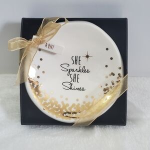 Grasslands Road She Sparkles She Shines Aunt Ceramic Gold Trinket Dish NIB
